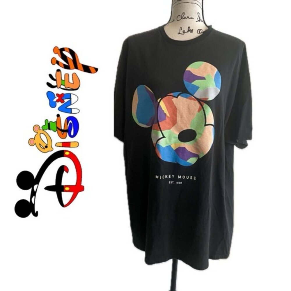 NEFF DISNEY BLACK T-SHIRT COLORFUL MICKEY MOUSE HEAD SIZE XXL KAWAII EMO‎